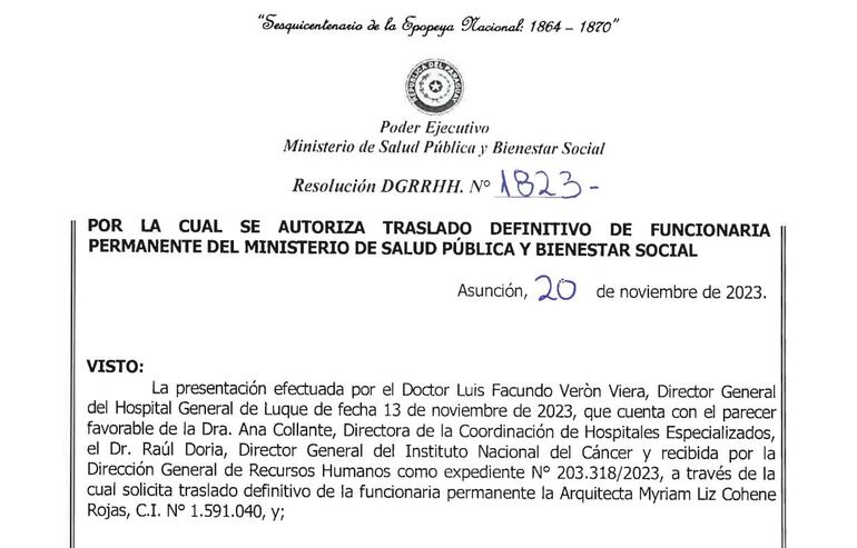 Resolución por la cual se autoriza el traslado definitivo de la arquitecta Myriam Cohene.