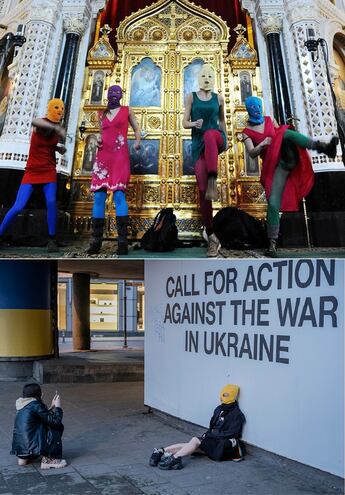 Arriba: Pussy Riot interpreta “Punk Prayer” en la catedral de Cristo Salvador, Moscú, 2012. Abajo: Masha Aliójina, cantante de Pussy Riot, es fotografiada por su novia, Lucy Shtein, en Vilnius, Lituania, el martes 3 de mayo del 2022.