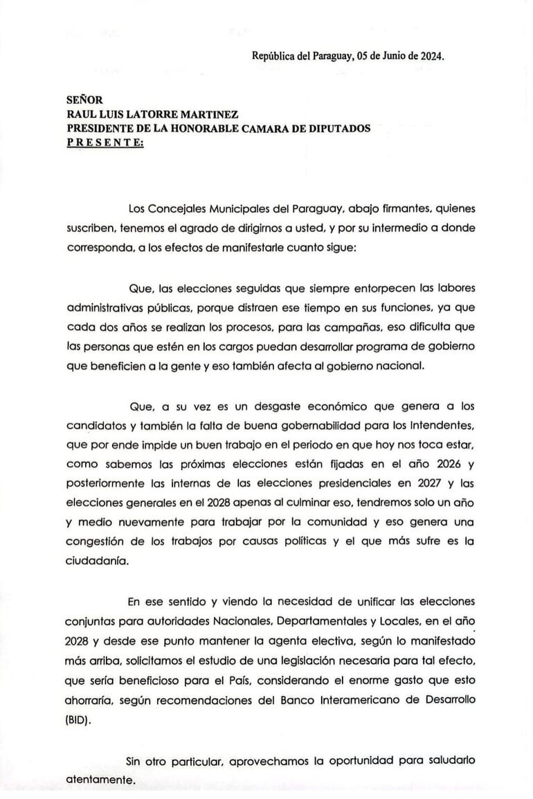 Nota dirigida al presidente de Diputados, Raúl Latorre. La nota aún no tuvo entrada oficial en la Cámara Baja, confirmaron.