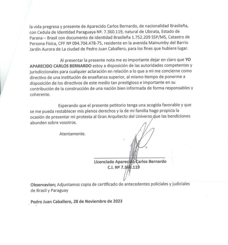 Carta de Aparecido Carlos Bernardo