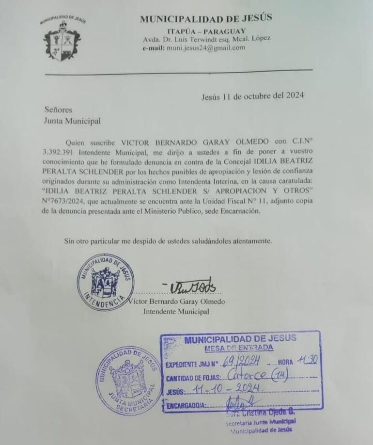 ¿Vendetta?: Intendente de Jesús denunció a exinterina por causas similares a las que es investigado.