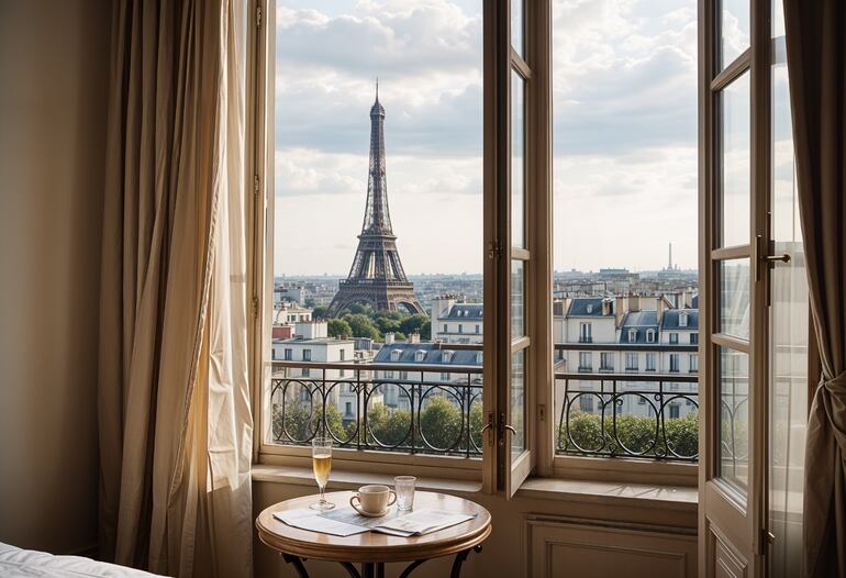 La torre Eiffel vista de un hotel, Paris.