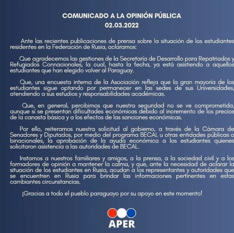 Comunicado de la APER