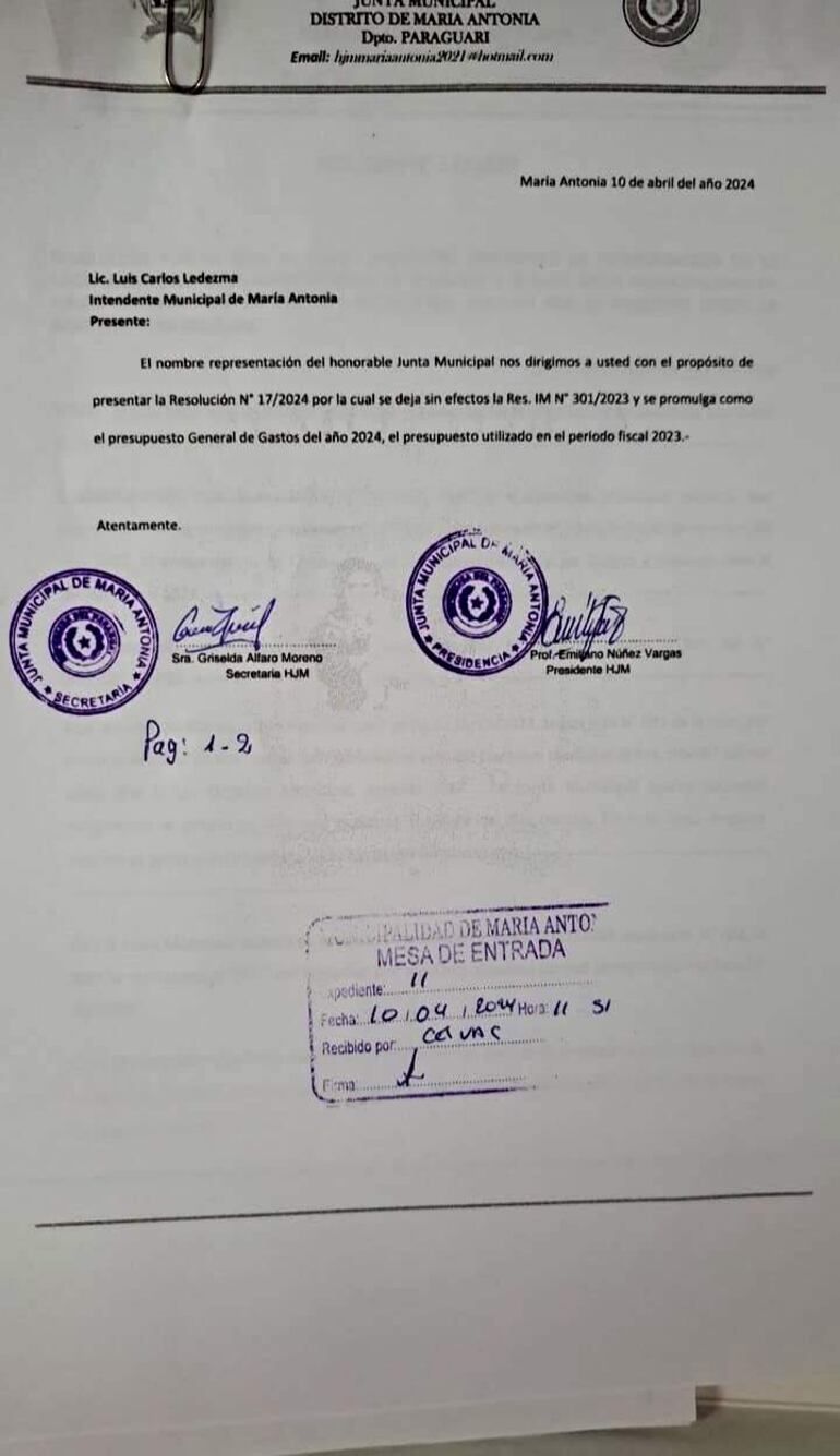 La Junta Municipal ya comunicó al intendente Luis Carlos Ledezma (ANR), que queda sin efecto la sanción del presupuesto de ordenanza 2024. 