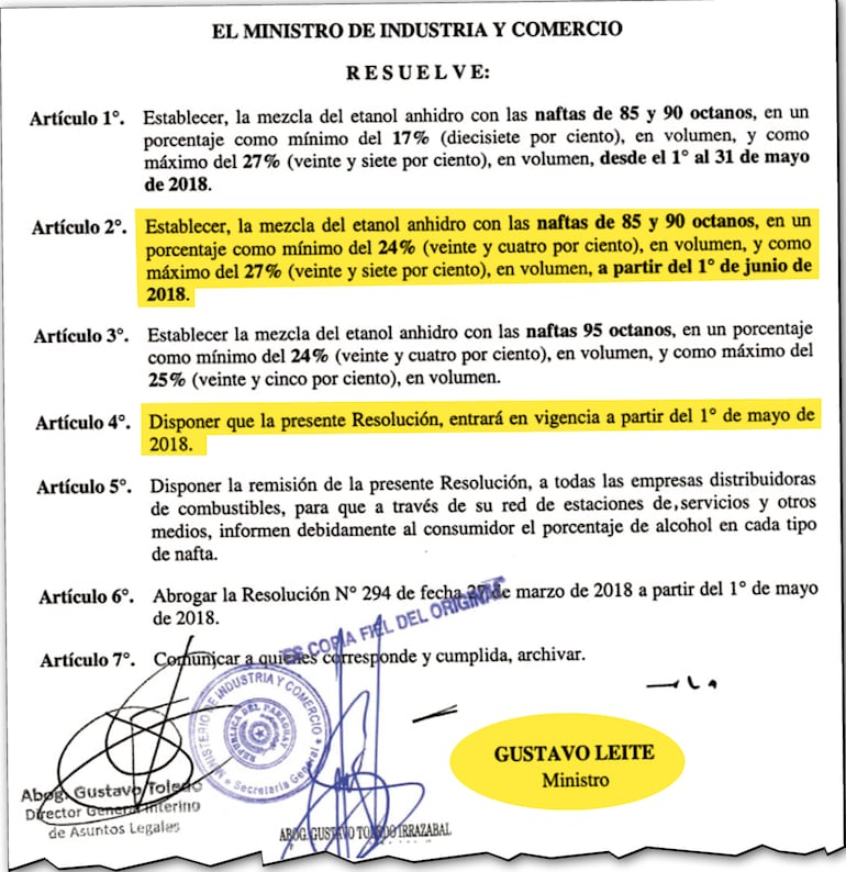 Parte de la resolución firmada por el ahora senador  Leite cuando era ministro de Industria y estableció el aumento de mezcla de etanol en los combustibles.