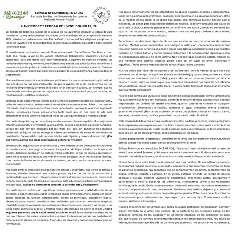 Manifiesto de la pastoral juvenil de la ciudad de Itá.