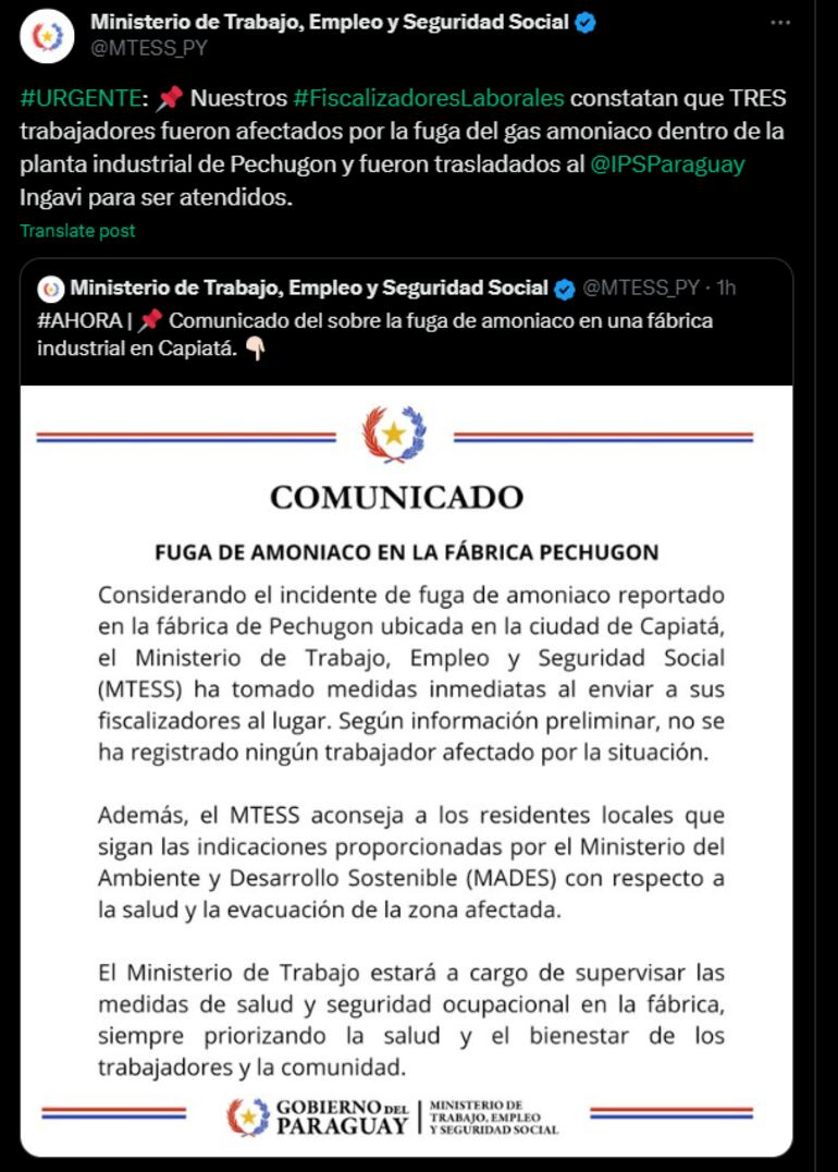 El comunicado y la posterior corrección del Ministerio de Trabajo sobre la fuga de amoníaco en Pechugón.