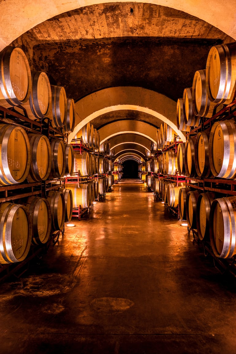 Una bodega con barriles de roble.