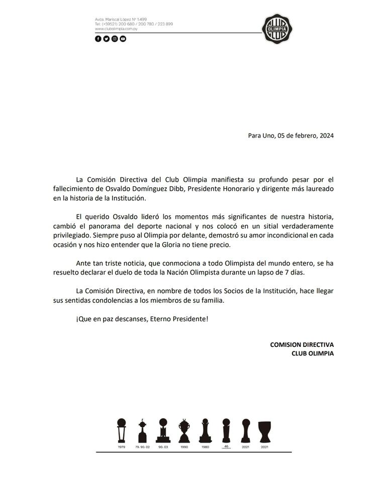 La declaración de 7 días de duelo establecido por Olimpia a causa de la muerte de Osvaldo Domínguez Dibb.