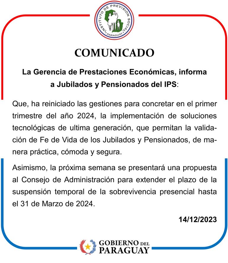 Comunicado del IPS sobre prórroga de sobrevivencia presencial.