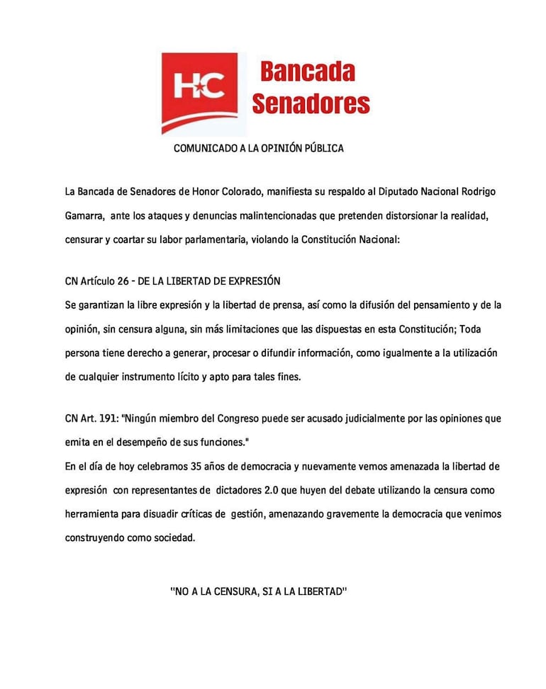 Comunicado de la bancada Senadores de Honor Colorado sobre caso de Rodrigo Gamarra en el que hacen uso a conveniencia de la libertad de expresión luego de que el diputado sea denunciado por violencia hacia la mujer por sus expresiones en redes sociales.