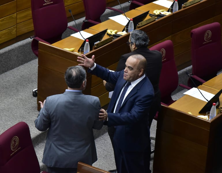 El presidente de la Cámara de Senadores, Basilio "Bachi" Núñez (ANR, HC) dialoga con el senador Ever Villalba (PLRA).