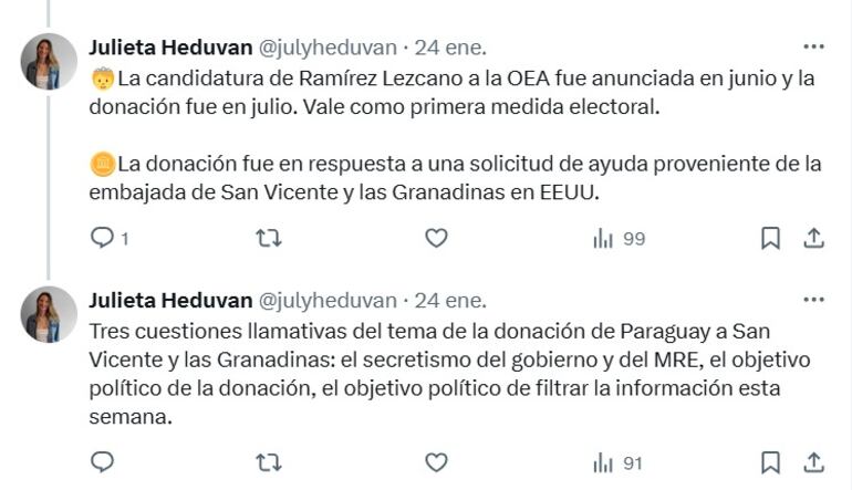 "La candidatura de Ramírez Lezcano a la OEA se anunció en junio y la donación fue en julio. Primera medida electoral", opinó Julieta Heduvan en X.