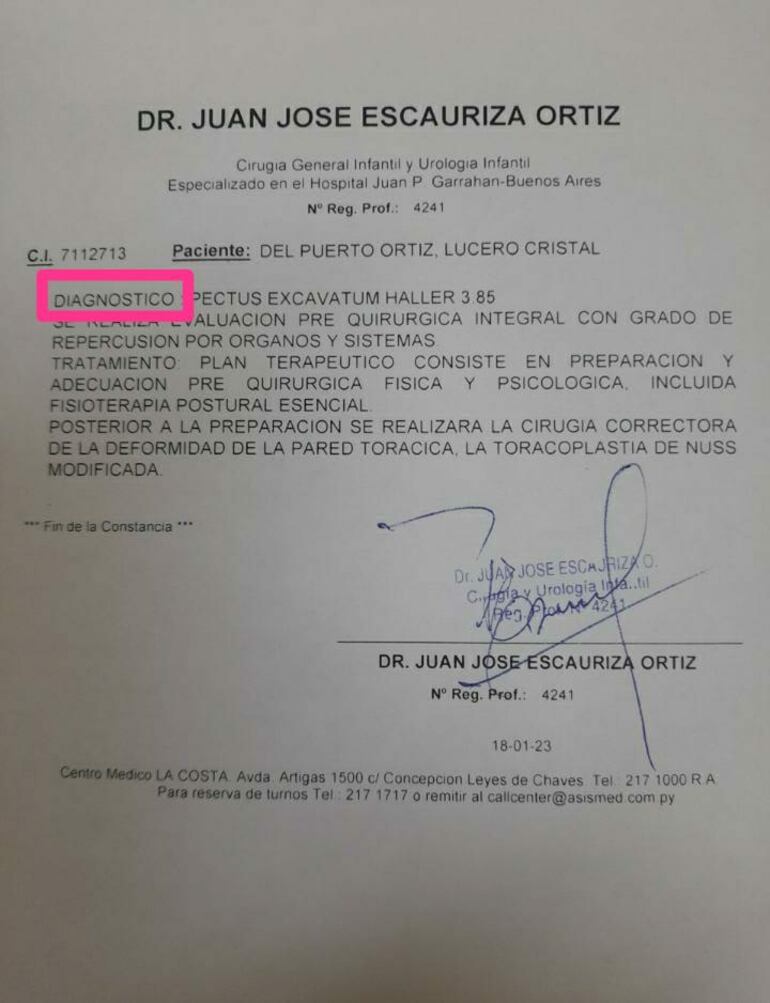 Diagnostico médico de Lucero Cristal, quien en noviembre cumple 12 años.