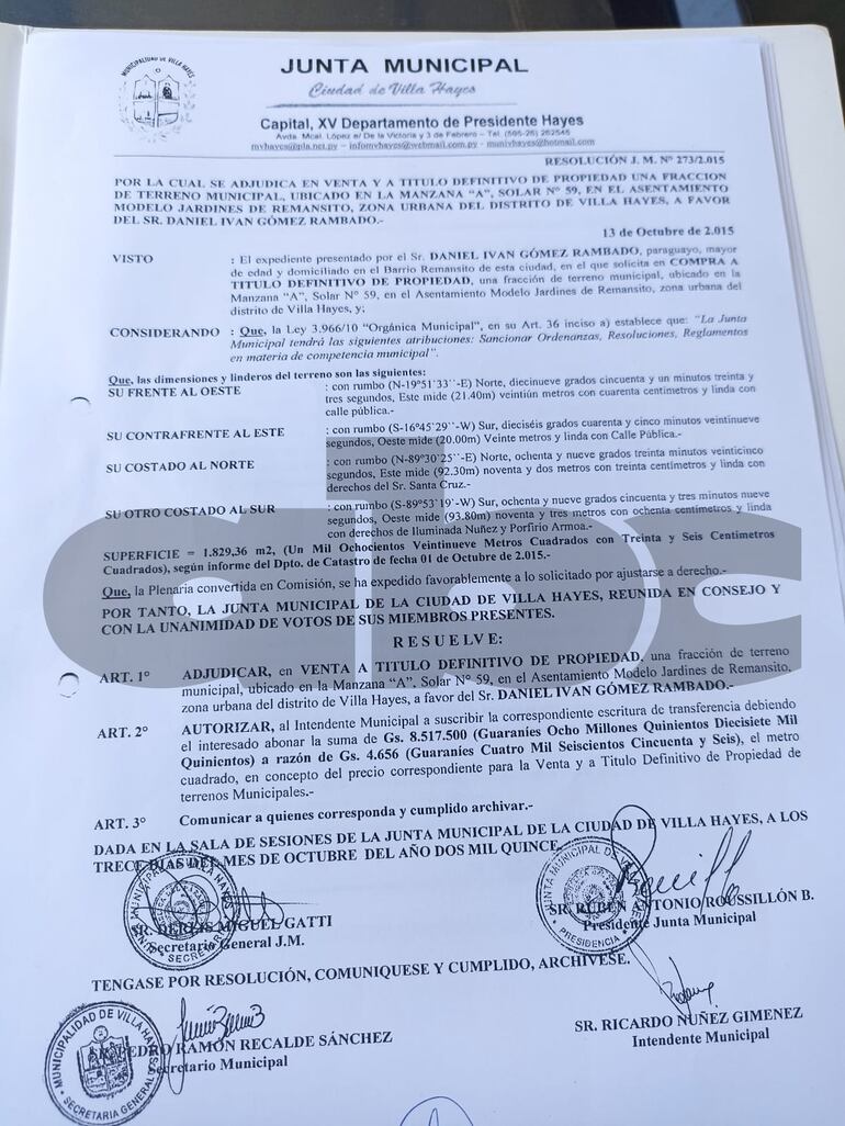 Municipalidad de Villa Hayes vendió casi 2.000 hectáreas por G. 8.500.000 a un camarista