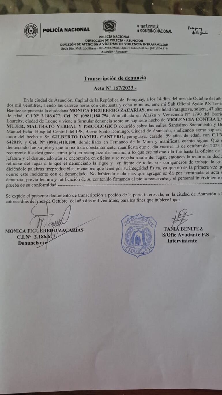 Denuncia presentada por la doctora Mónica Figueredo contra el doctor Gilberto Daniel Cantero.