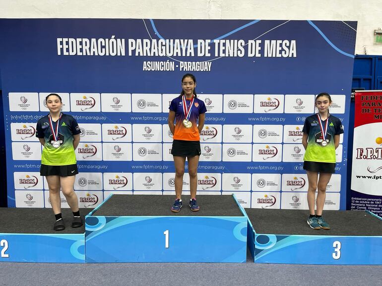 Florencia Paiva (centro) se lució con tres oros en el Grand Prix de tenis de mesa.