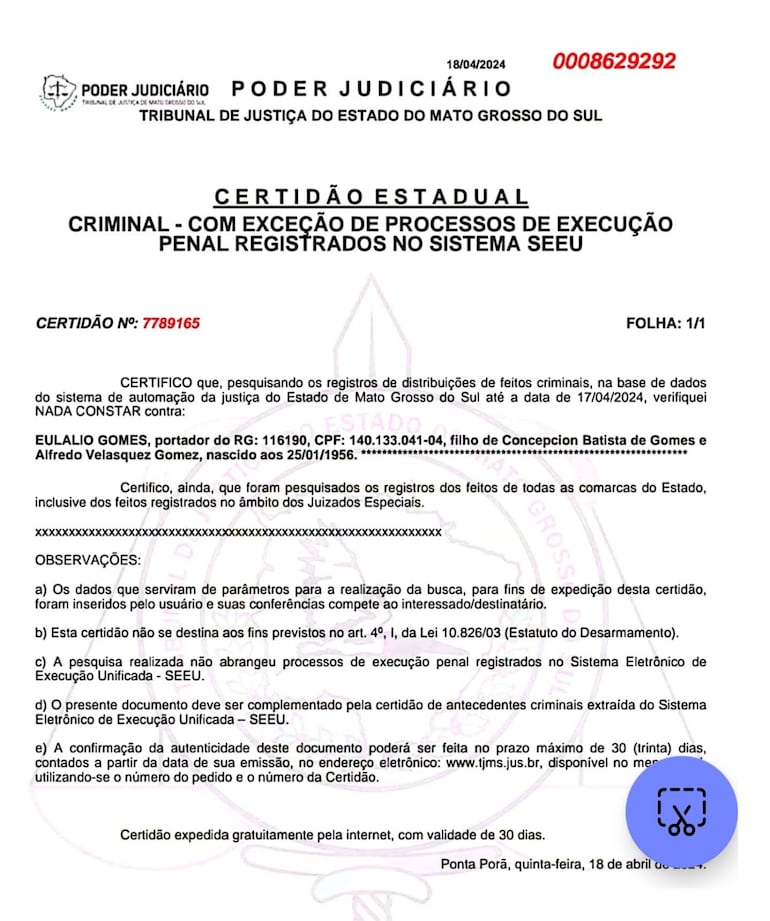 Documentos presentados del abogado de la familia de Eulalio Gomes para afirmar que el parlamentario no tenía antecedentes en Brasil.