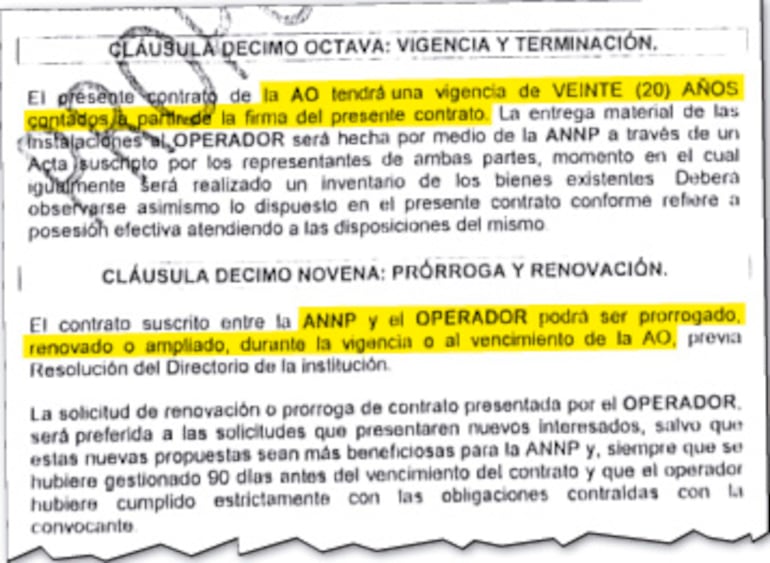 Parte del borrador del contrato en el cual se estableció la vigencia de 20 años del usufructo.