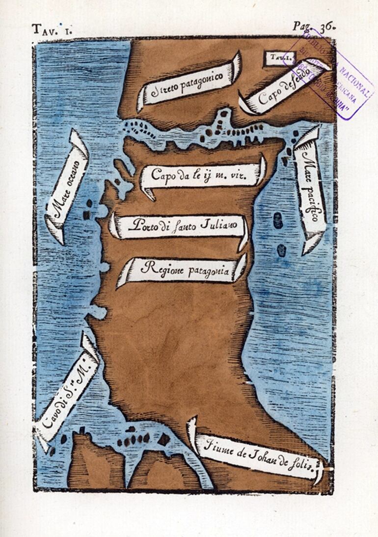 Mapa trazado por Antonio Pigafetta para su libro “Primer viaje alrededor del mundo” (entre 1519 y 1522), en el que aparece el estrecho de Magallanes.