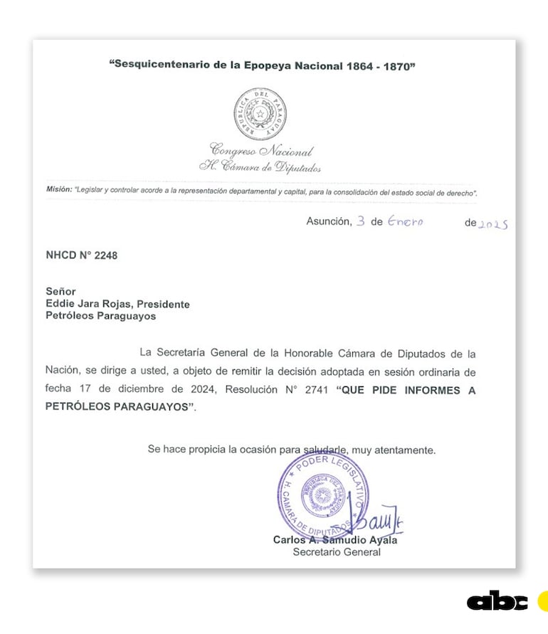 El pedido de informe a Petropar se oficializó el 3 de enero último.