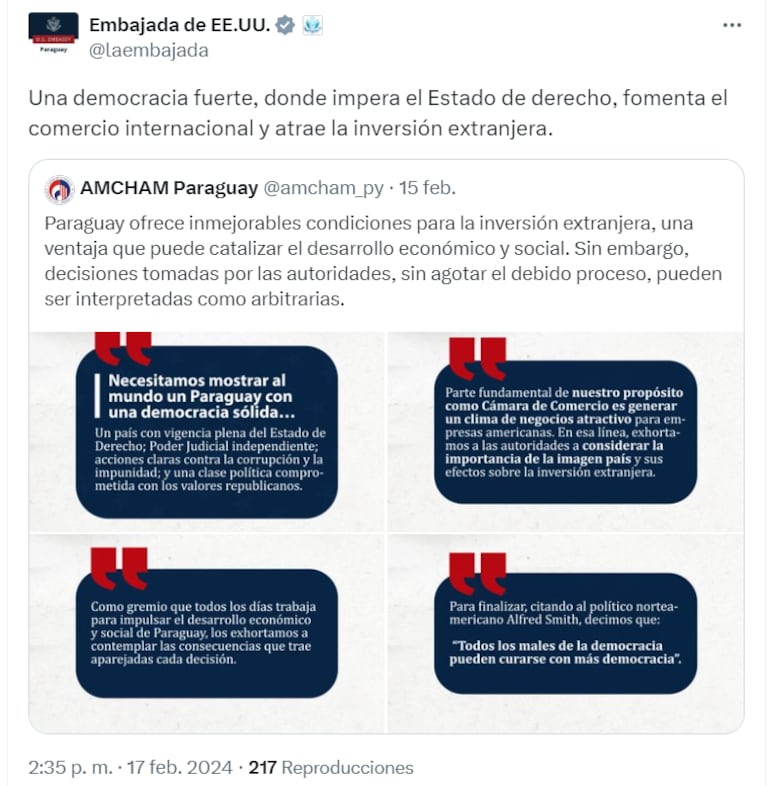 Tweet de la Embajada de Estados Unidos.