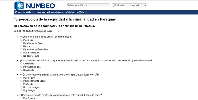 Numbeo, la página web que mencionó Riera como fuente para hablar de la criminalidad y la seguridad en Paraguay.