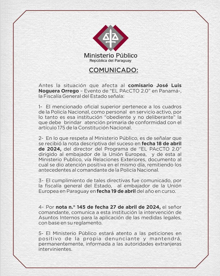 Comunicado de la Fiscalía ante el caso de presunta agresión sexual cometida por parte del jefe de seguridad del fiscal general Emiliano Rolón.