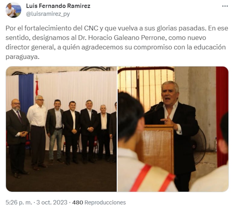 El ministro de Educación, Luis Fernando Ramírez, anunció en su cuenta de Twitter la designación de Horacio Galeano Perrone como director general del Colegio Nacional de la Capital (CNC).