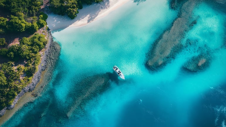 Vista Aérea de laguna tropical con agua turquesa y pequeñas islas en Bora Bora, Polinesia Francesa.