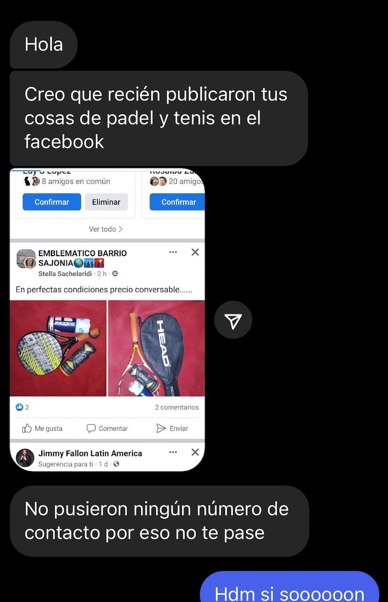 Conversaciones para recuperar raquetas robadas a una joven y que estaban siendo ofertadas en las redes sociales.