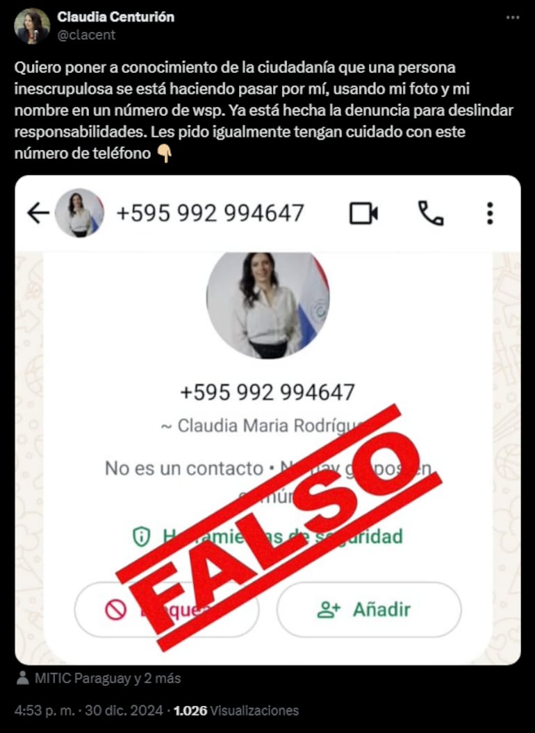 Claudia Centurión denunció el uso de su identidad para robar cuentas de WhatsApp.