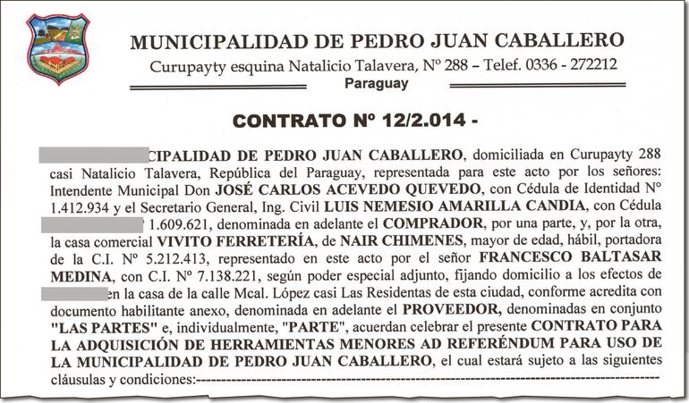 Contrato de la Municipalidad de Pedro Juan Caballero con la empresa unipersonal de Nair Chimenes, "Vivito Ferretería", de 2014.