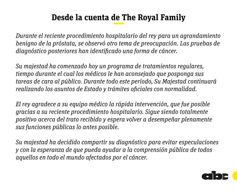 Comunicado de 'The Royal Family' sobre la salud del rey Carlos III.