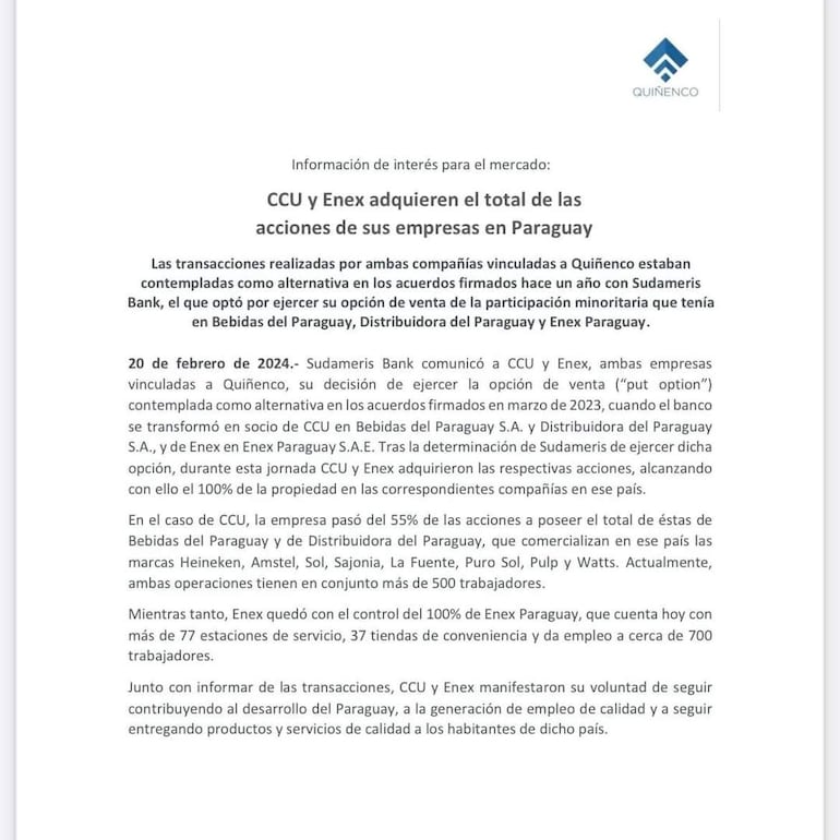 El comunicado de Quiñenco, conglomerado que pertenece a la familia de Andrónico Luksic, exsocio comercial de Horacio Cartes.