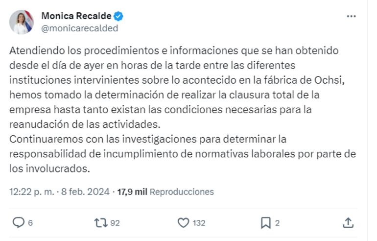 Mónica Recalde titular del MTESS comunicí la clausura total de la fábrica de Ochsi de San Lorenzo donde se produjo la fuga fatal de amoníaco.