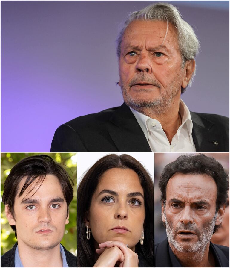 Este combo de fotos creado en abril del 2024 muestra a Alain Delon con sus hijos, el actor Alain Fabien Delon, la actriz Anouchka Delon y el actor  actor Anthony Delon.