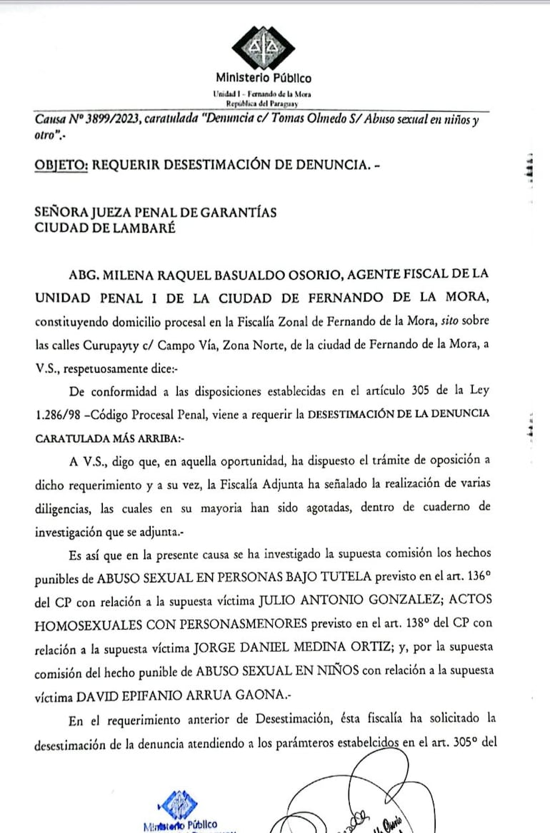 El pedido de desestimación presentado por la fiscala, Milena Basualdo, al juzgado de Lambaré y que fue rechazado.