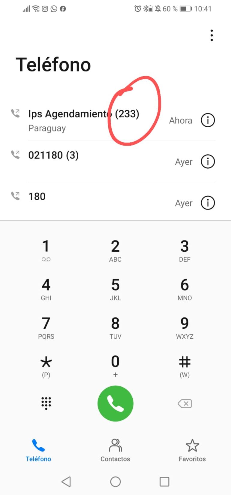 Captura de pantalla de teléfono móvil de denunciante sobre la cantidad de intentos al Call Center del IPS. El reclamo de que no funciona el call center no es nuevo.