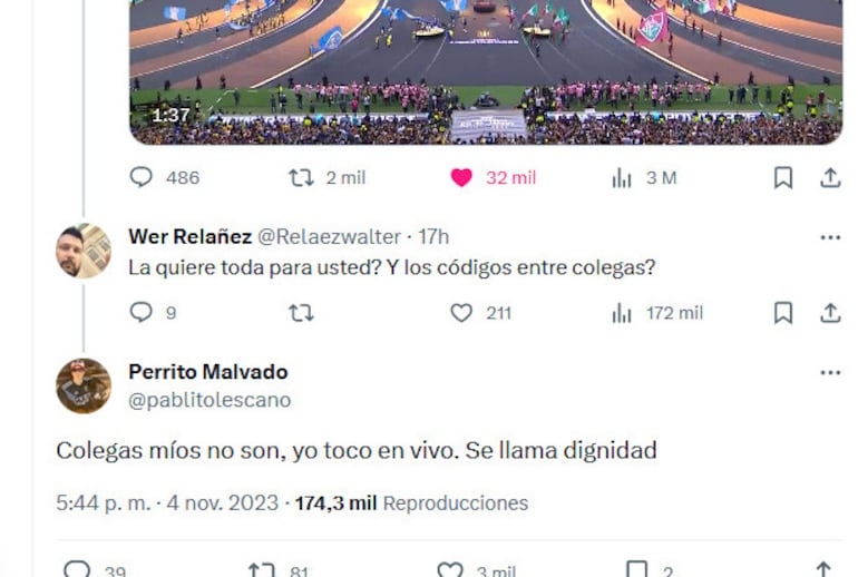 "Colegas míos no son, yo toco en vivo. Se llama dignidad", dijo.