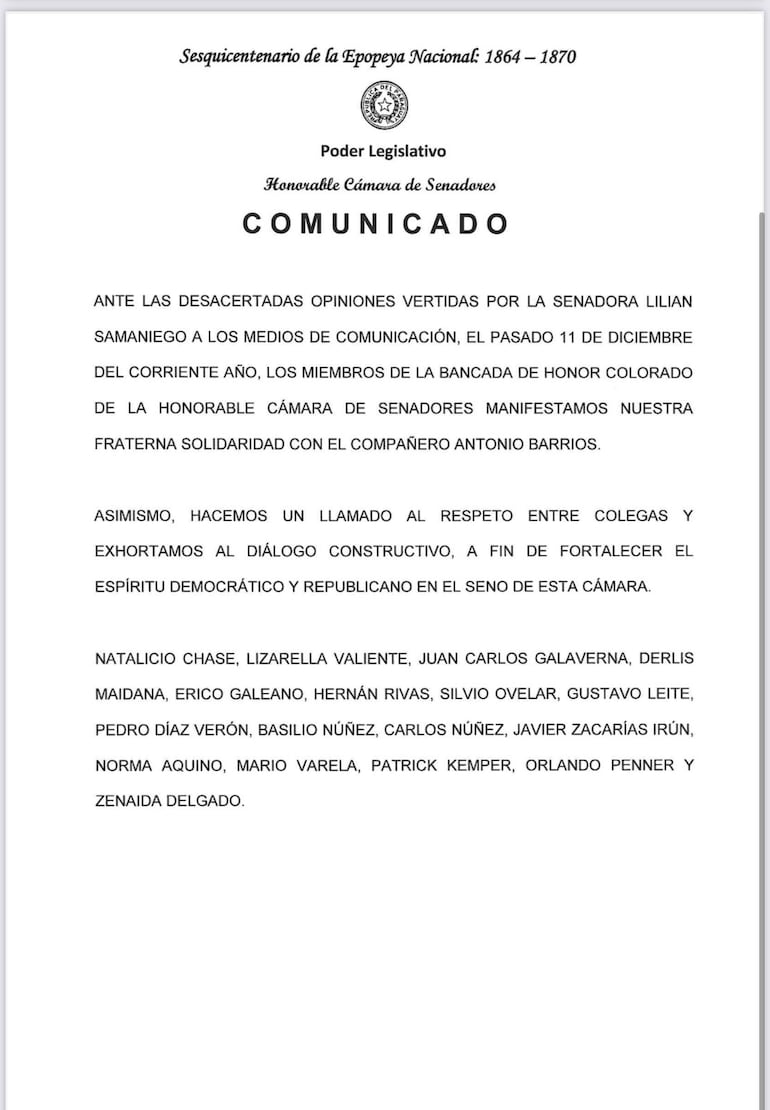 Comunicado de la bancada de Honor Colorado del Senado sin la firma de todos sus integrantes.