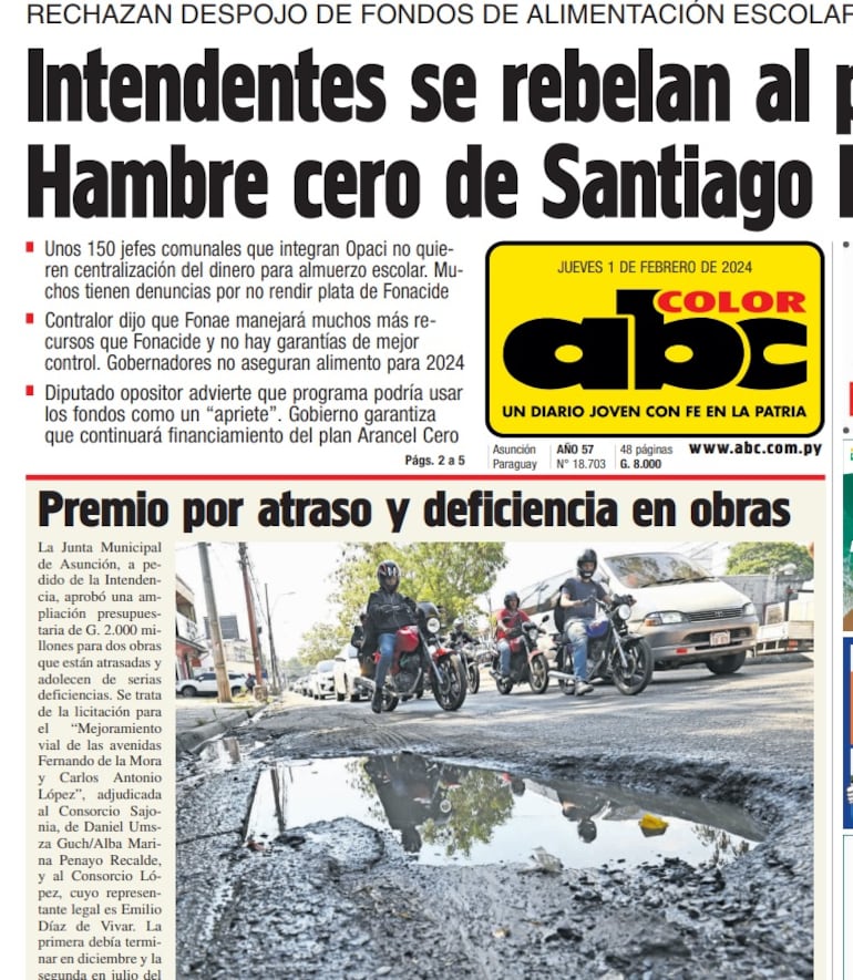 ABC denunció en febrero pasado la benevolencia del intendente de Asunción, "Nenecho" Rodríguez, y la Junta Municipal que premió a empresas pese a deficientes obras.