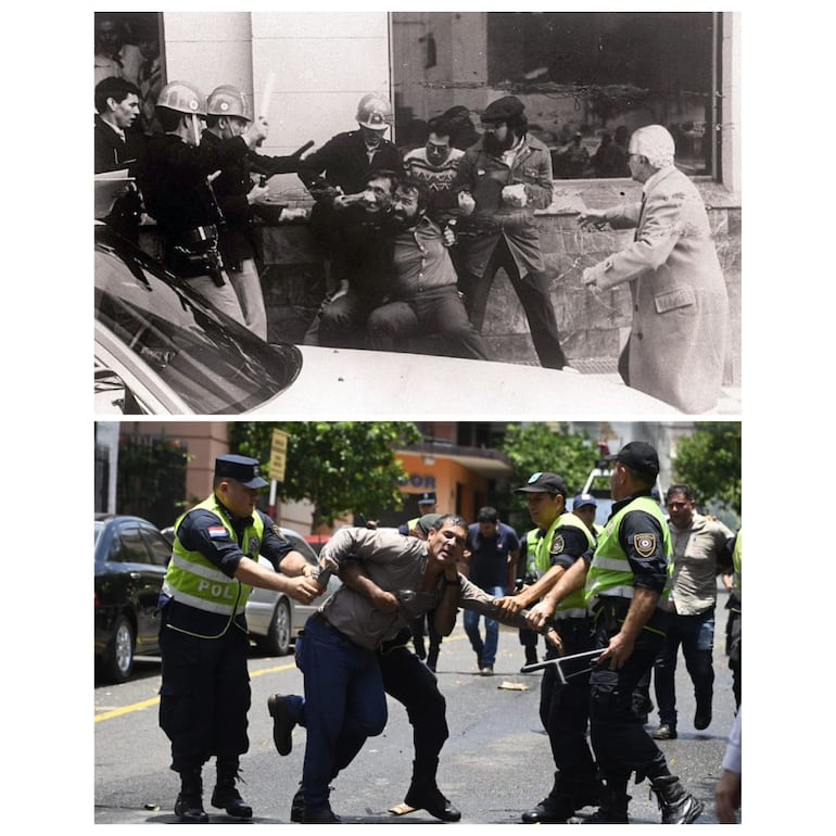 Arriba: represión policial durante la dictadura stronista. Abajo: represión policial contra protestas por la aprobación de la ley de Superintendencia de Jubilaciones y Pensiones.