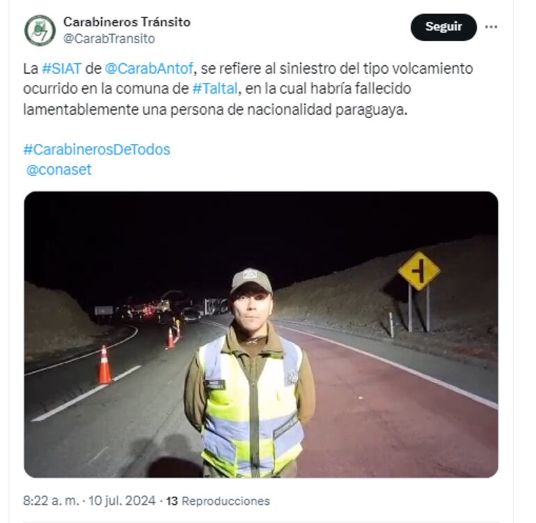 Posteo de Carabineros de Chile, hablando del grave accidente que involucró a un camión con chapa paraguaya.