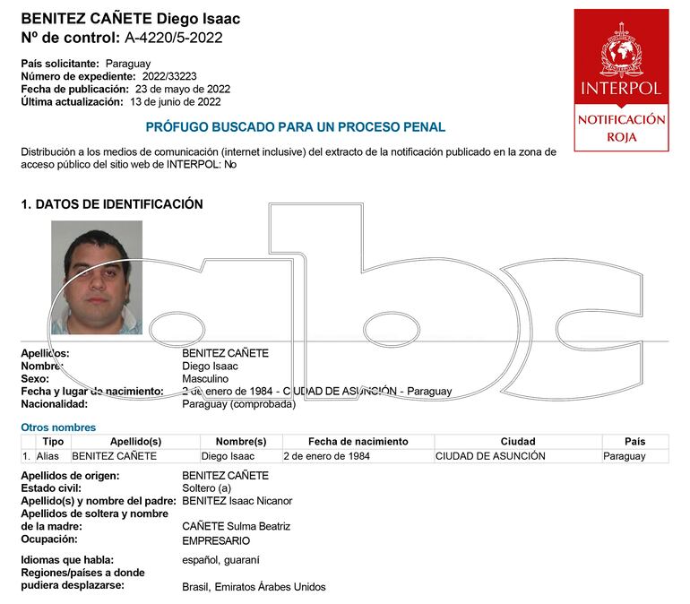 Notificación roja de Diego Isaac Benítez Cañete.