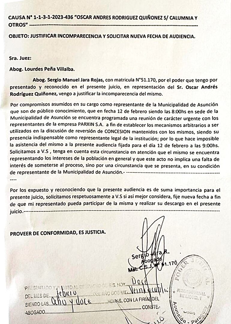 Justificativo presentado por el intendente de Asunción Óscar "Nenecho" Rodríguez, a la jueza de Sentencia Lourdes Peña.