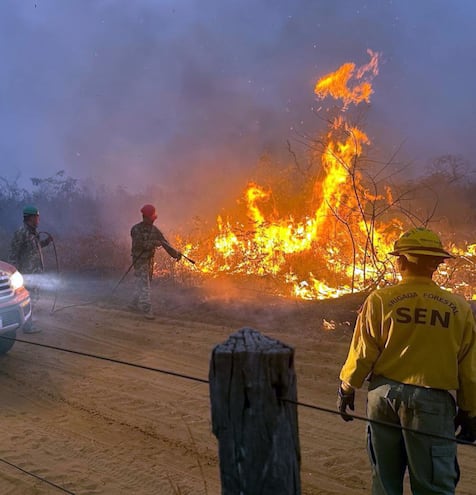 Bomberos y militares procuran apagar un enorme foco de incendio en la zona del cerro Chovoreca.