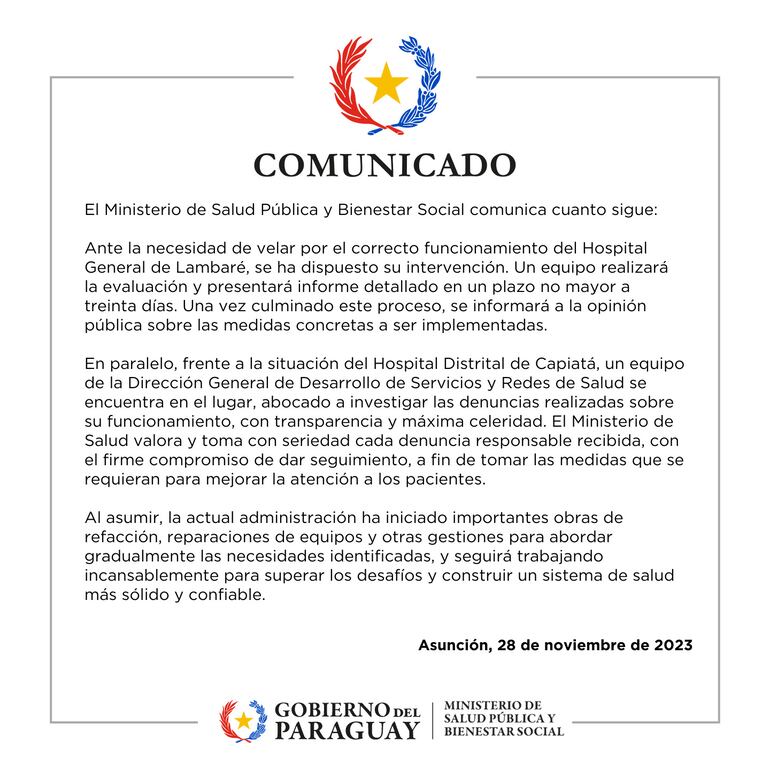 Comunicado del Ministerio de Salud, que anuncia la intervención del Hospital de Lambaré.