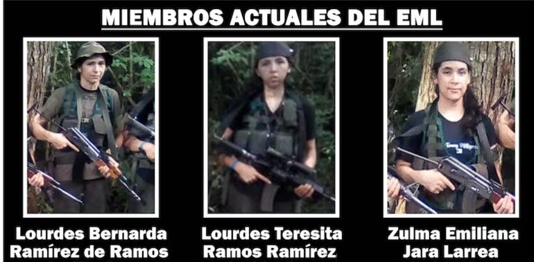 Lourdes Bernarda Ramírez, Lourdes Teresita Ramos Ramírez y Zulma Emiliana Jara Larrea, miembros actuales del Ejército del Mariscal López (EML). Las dos últimas ya fueron capturadas.