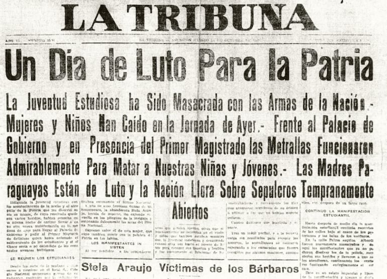 Titular del diario "La Tribuna" del 24 de octubre de 1931, sobre la masacre de estudiantes de la víspera